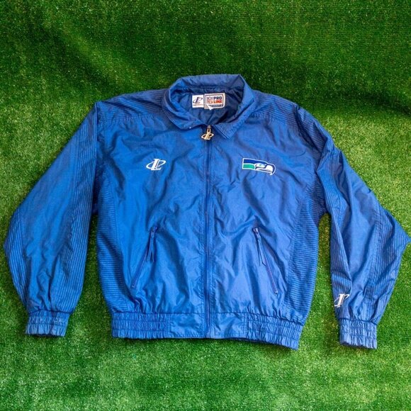 VINTAGE LOGO ATHLETIC PRO LINE NFL SEAHAWKS MENS JACKET SPELL OUT 90S SIZE L - Picture 1 of 8